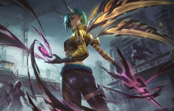 Girl, fighter, style, green hair, city​​, League Of Legends, Shadow Warrior, Kaisa