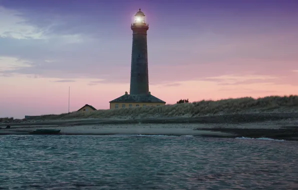 Sea, sunset, shore, lighthouse, Denmark, horizon, light, skyline