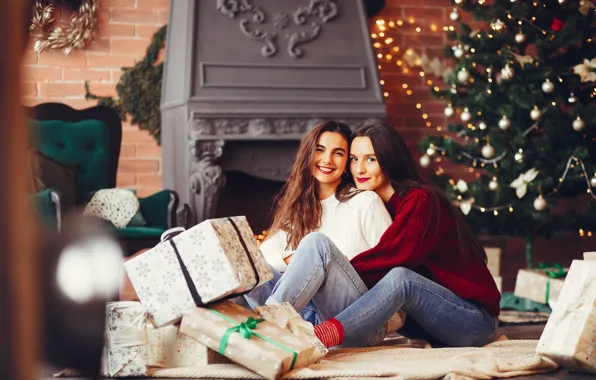 Joy, girls, room, Christmas, New year, Duo, two girls, smile