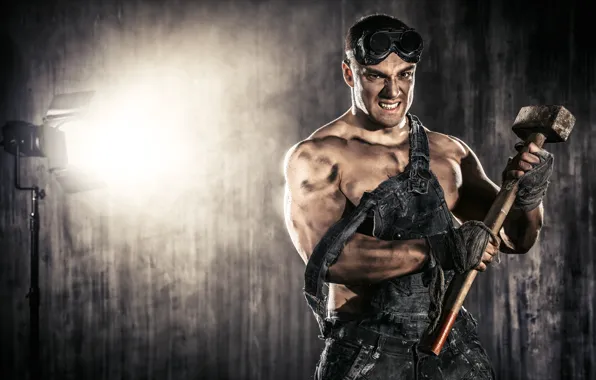 Picture hammer, glasses, guy, jumpsuit, sledgehammer, hard worker, grimy