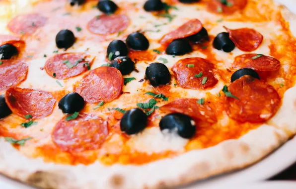Greens, cheese, pizza, pizza, olives, the dough, sausages, salami