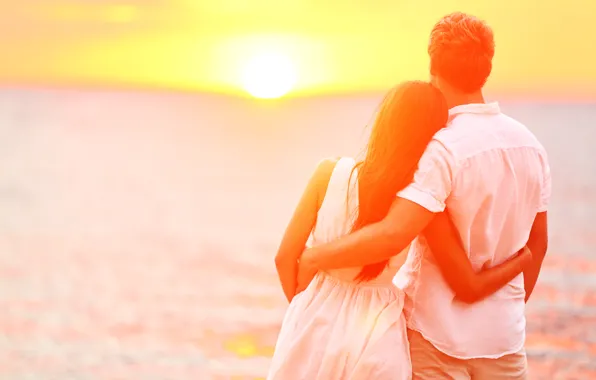 Dawn, hugs, two, romantic, couple, honeymoon