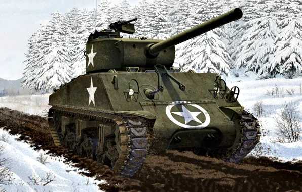 Winter, Forest, USA, Tank, US Army, Snow, Sherman M4A3(76)W, Dirt road