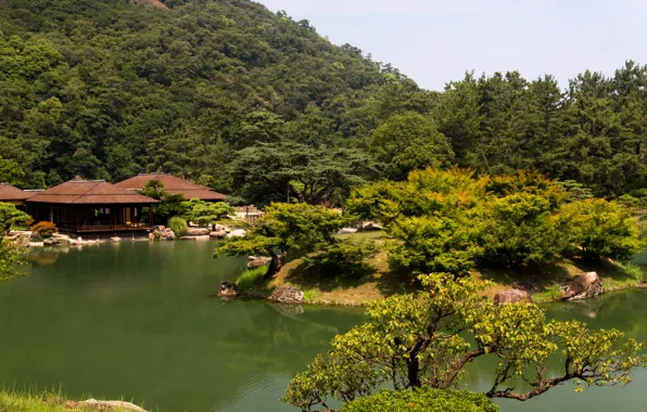 Picture greens, trees, pond, Park, Japan, the bushes, Takamatsu Ritsu? garden, gazebos