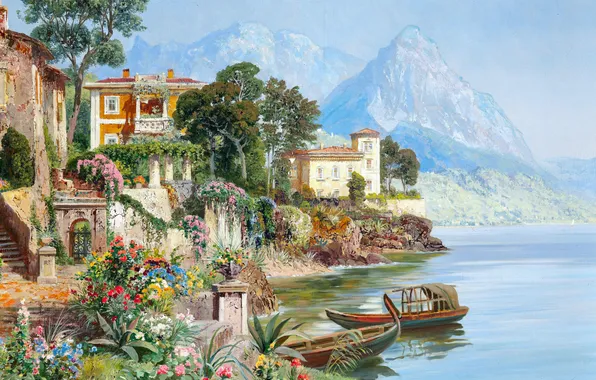 Flowers, Home, Mountains, Lake, Trees, Boats, Picture, Coast