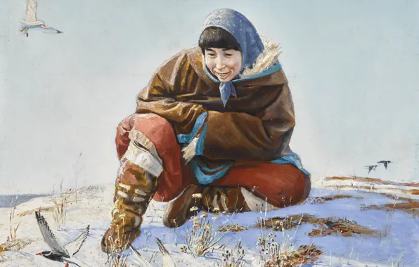 Picture winter, birds, Andrei Alekseevich Yakovlev, a woman in a scarf, ARCTIC WONDER