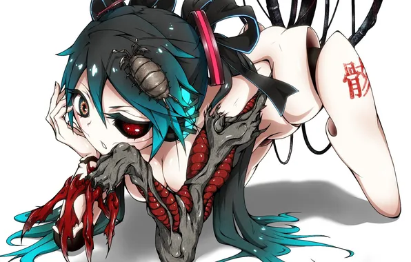 Girl, robot, monster, beetle, art, white background, vocaloid, hatsune miku