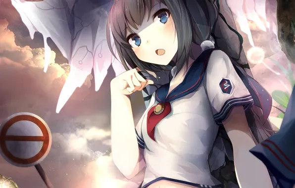 Picture the sky, girl, clouds, sign, surprise, anime, art, form