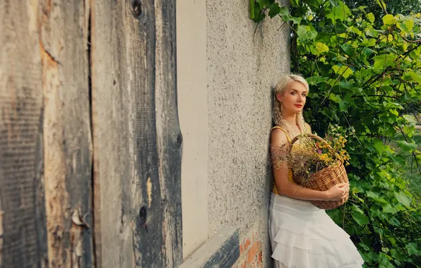 Picture look, girl, flowers, basket, blonde, ivy