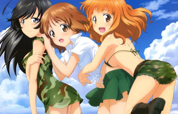 Girl, clouds, three, three, Girls and Panzer, Nishizumi Miho, Takebe Saori, Isuzu Hana