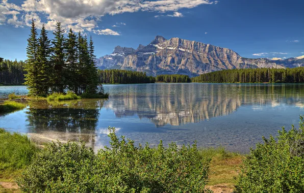 The sky, trees, mountains, lake