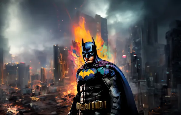 The explosion, city, the city, fire, flame, Batman, Batman, skyscrapers