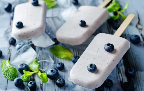Ice, blueberries, ice cream, mint, dessert, wood