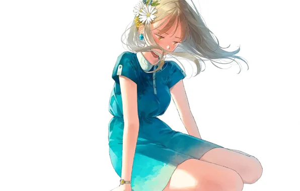 Picture girl, white background, flower in hair, blue dress, watch, sitting on my lap