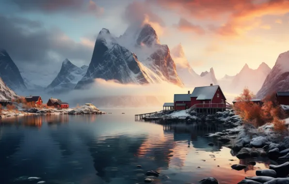Winter, clouds, light, snow, mountains, nature, fog, reflection