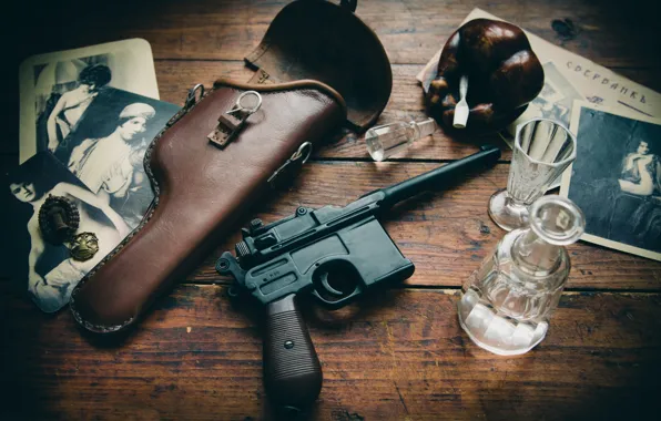 Picture gun, weapons, table, Photo, ashtray, holster, glasses, "Mauser"