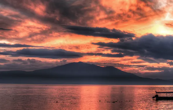 Sea, the sky, Islands, clouds, mountains, boats, panorama