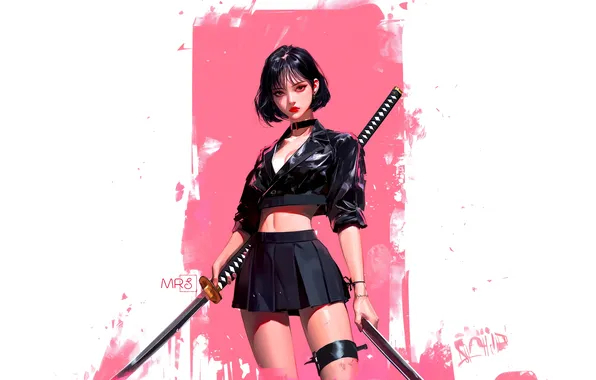 Girl, sword, fantasy, katana, brunette, samurai, asian, digital art
