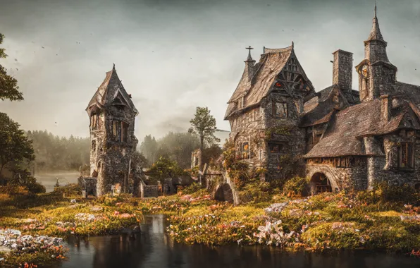 The sky, landscape, birds, nature, lake, pond, castle, overcast