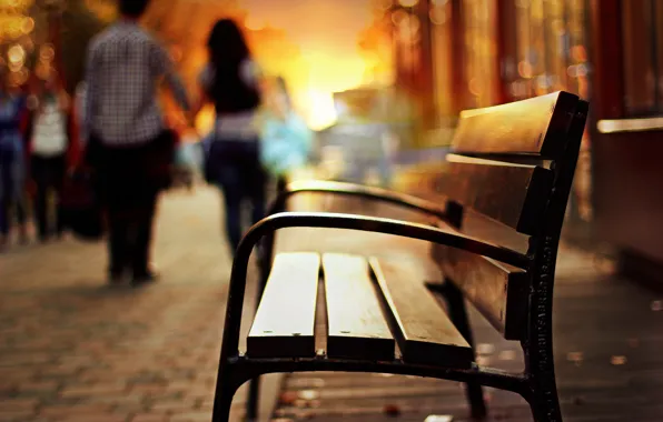 Girl, bench, background, blur, the evening, shop, shop, guy