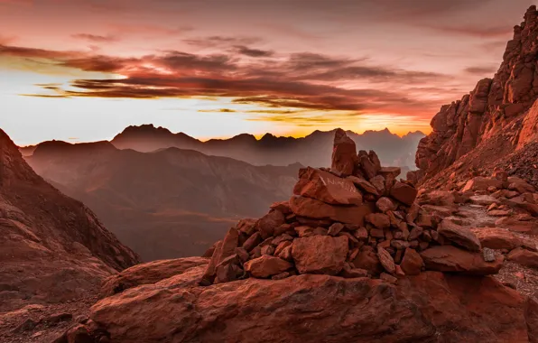 Clouds, light, sunset, mountains, fog, stones, rocks, dawn