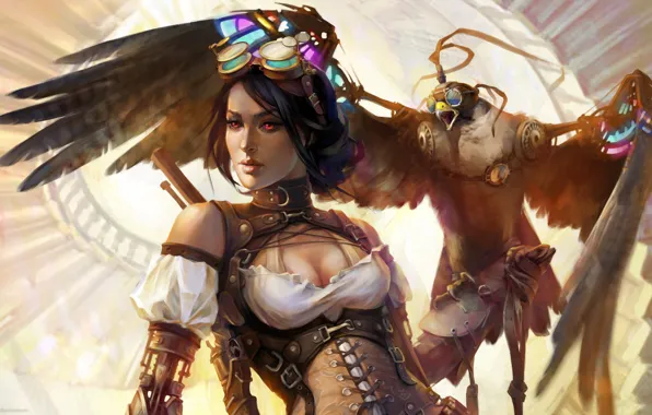 Girl, fantasy, art, eagle, glasses, artwork, fantasy art, Steampunk