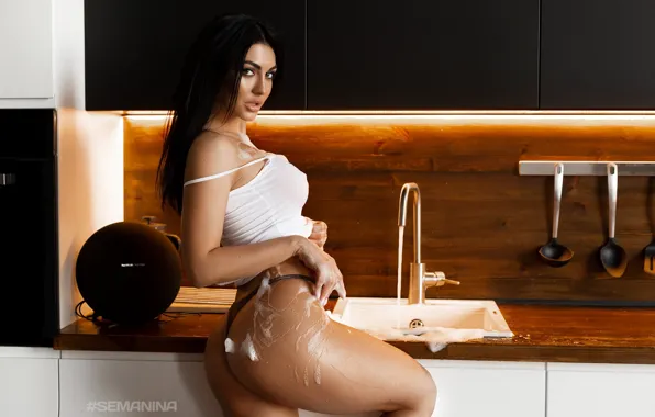 Ass, look, foam, sexy, pose, model, panties, wet