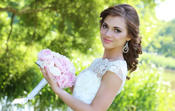 Look, girl, flowers, nature, pose, smile, white, bouquet
