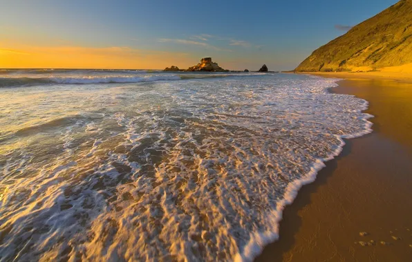 Sea, wave, water, the ocean, rocks, shore, landscapes, sunset