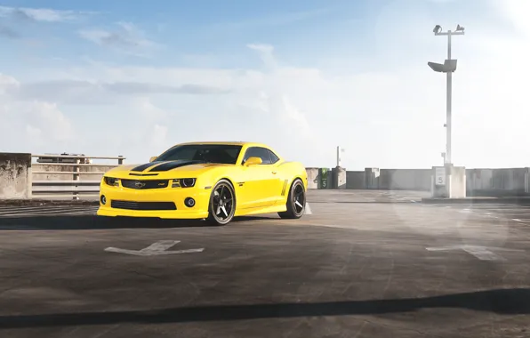 Picture the sky, clouds, yellow, Chevrolet, front view, chevrolet, yellow, tinted