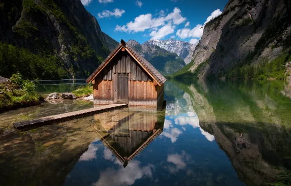Forest, the sky, clouds, mountains, lake, house