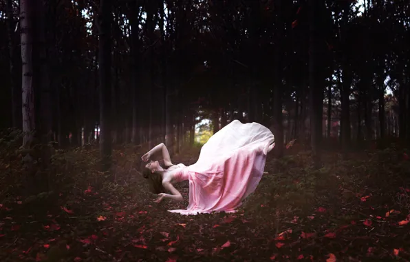 Picture forest, girl, dress, in pink, levitation, Dreamland