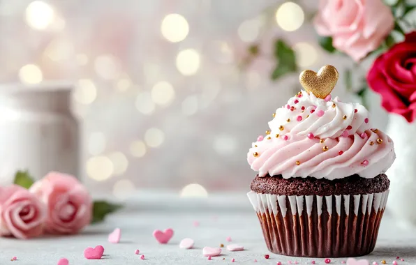 Table, holiday, heart, roses, hearts, cake, cream, Valentine's Day