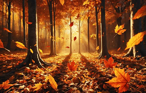 Autumn, forest, the sun, rays, light, trees, nature, Park