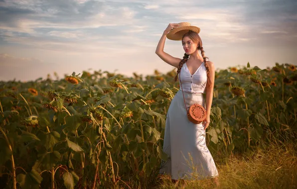 Field, summer, the sky, look, girl, sunflowers, pose, skirt