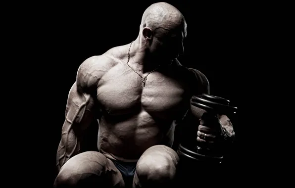 Pose, muscle, background black, training, athlete, biceps, fitness, bodybuilder