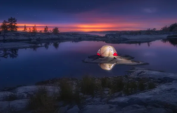 Picture night, nature, lake, stones, stars, tent, dawn, Lake Ladoga