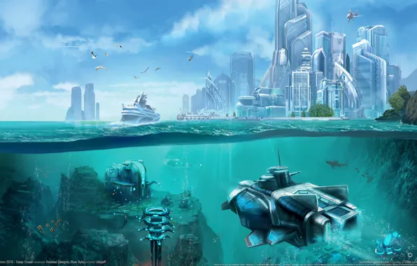 The sky, the city, future, the ocean, ship, seagulls, station, future