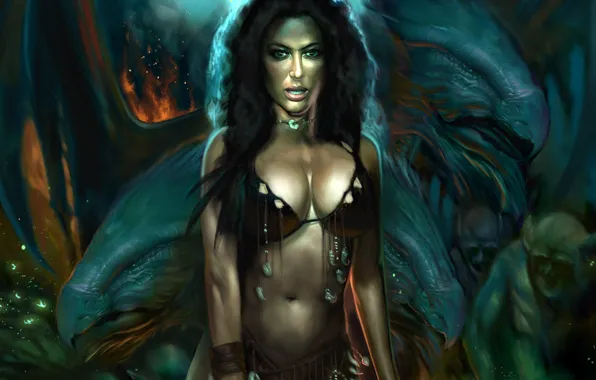 Girl, fire, art, monsters, witch, demons