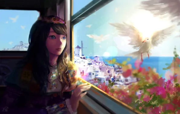 Girl, flowers, birds, the city, the ocean, anime, window, art
