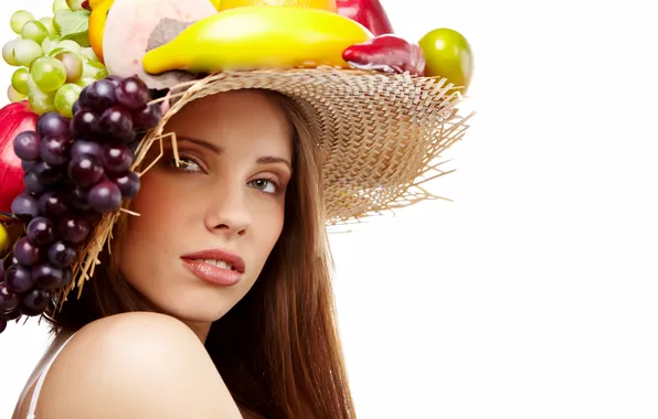 Girl, apples, grapes, brown hair, hat, fruit, banana, pepper