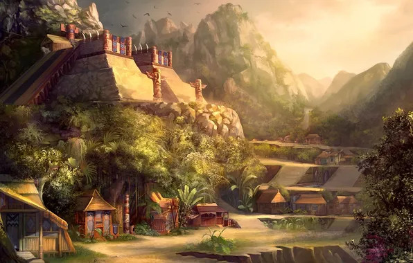 Trees, mountains, building, temple, hut, the Aztecs