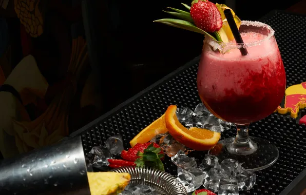 Ice, orange, strawberry, cocktail, mint