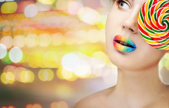 Look, model, rainbow, makeup, lips, sweets, lollipops