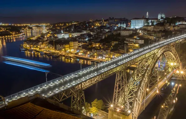Night, lights, roof, mirror, Portugal, Porto, Ponte Luis I, Douro river