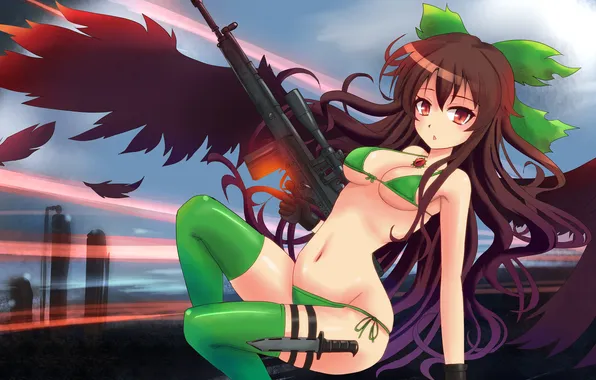 Girl, weapons, wings, feathers, knife, machine, reiu equipment, utsuho, touhou