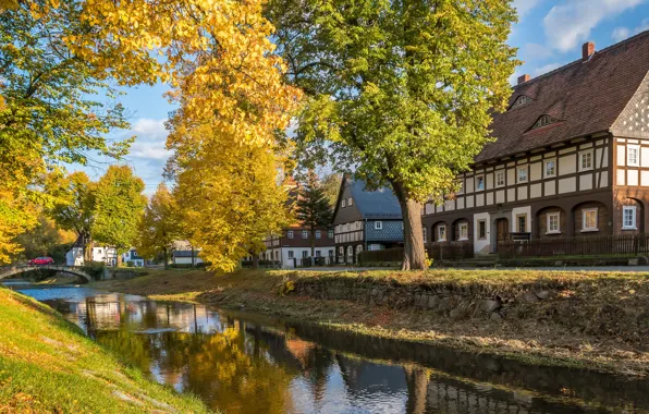 Autumn, leaves, trees, house, reflection, stones, branch, shore