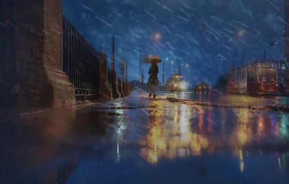 Road, glass, girl, drops, night, the city, glare, rain