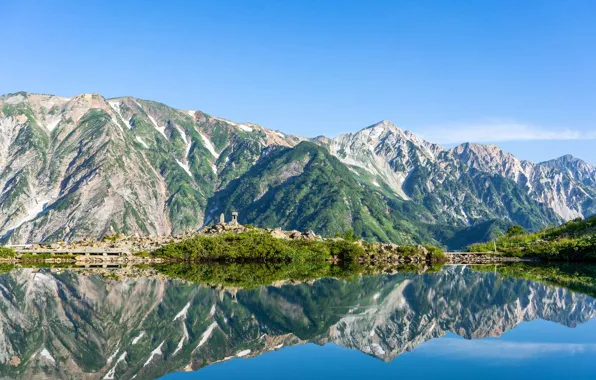 Picture mountains, lake, reflection, Japan, Hakuba