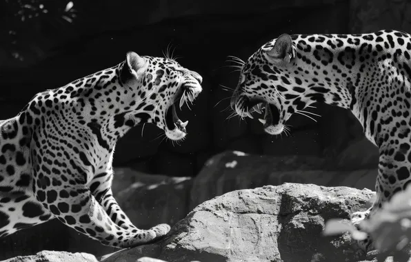 Picture Fangs, Two, Digital art, Black and white, Grin, Predators, Jaguars, Big Cats